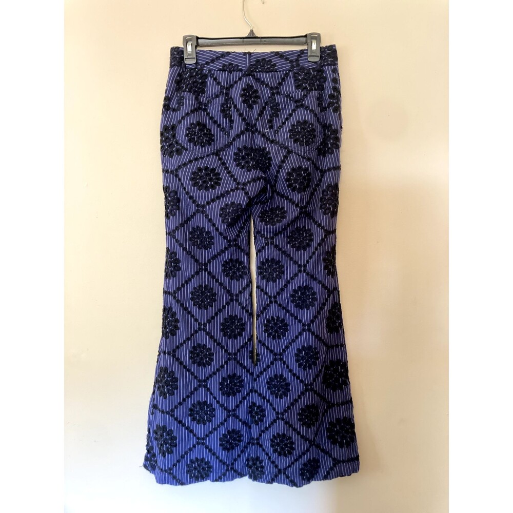 Blue & Gray Floral Embroidered Print Flared Pants Trousers - size L